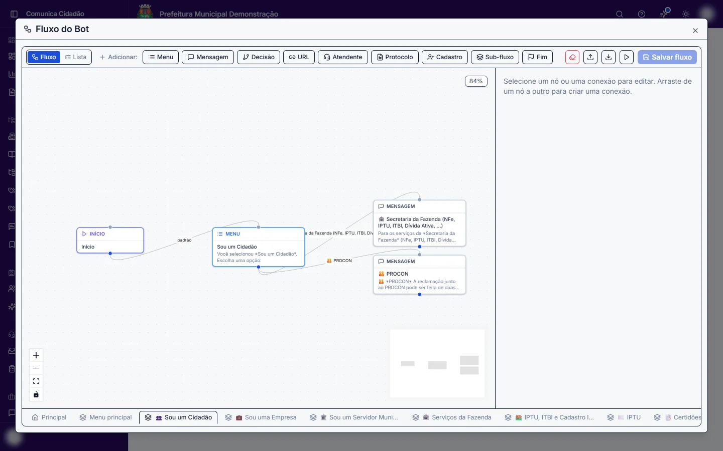 Editor visual do fluxo do chatbot com nós de início, menu e mensagens conectados